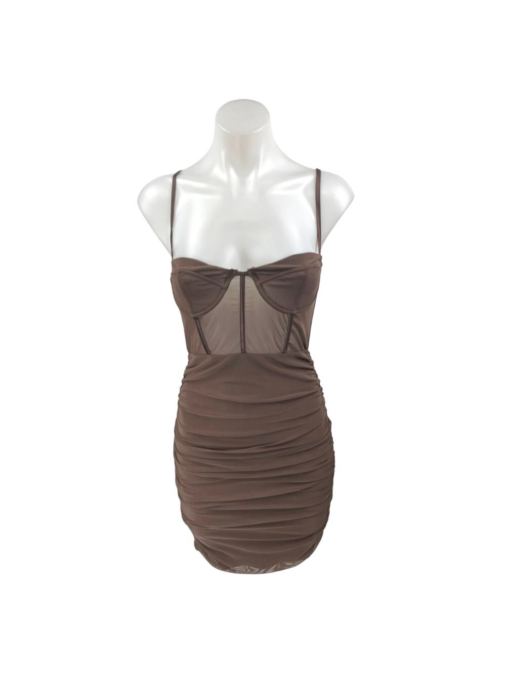 NEW Sundays Brown Ruched Sleeveless Cami Camisole Bodycon Corset Tank Dress Sz M